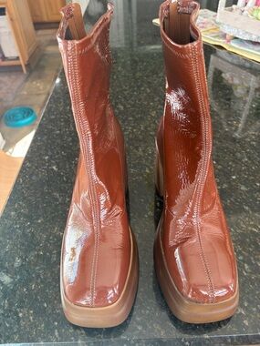 Free People Patent-Look Square-Toe Ankle Boots in Chestnut Brown